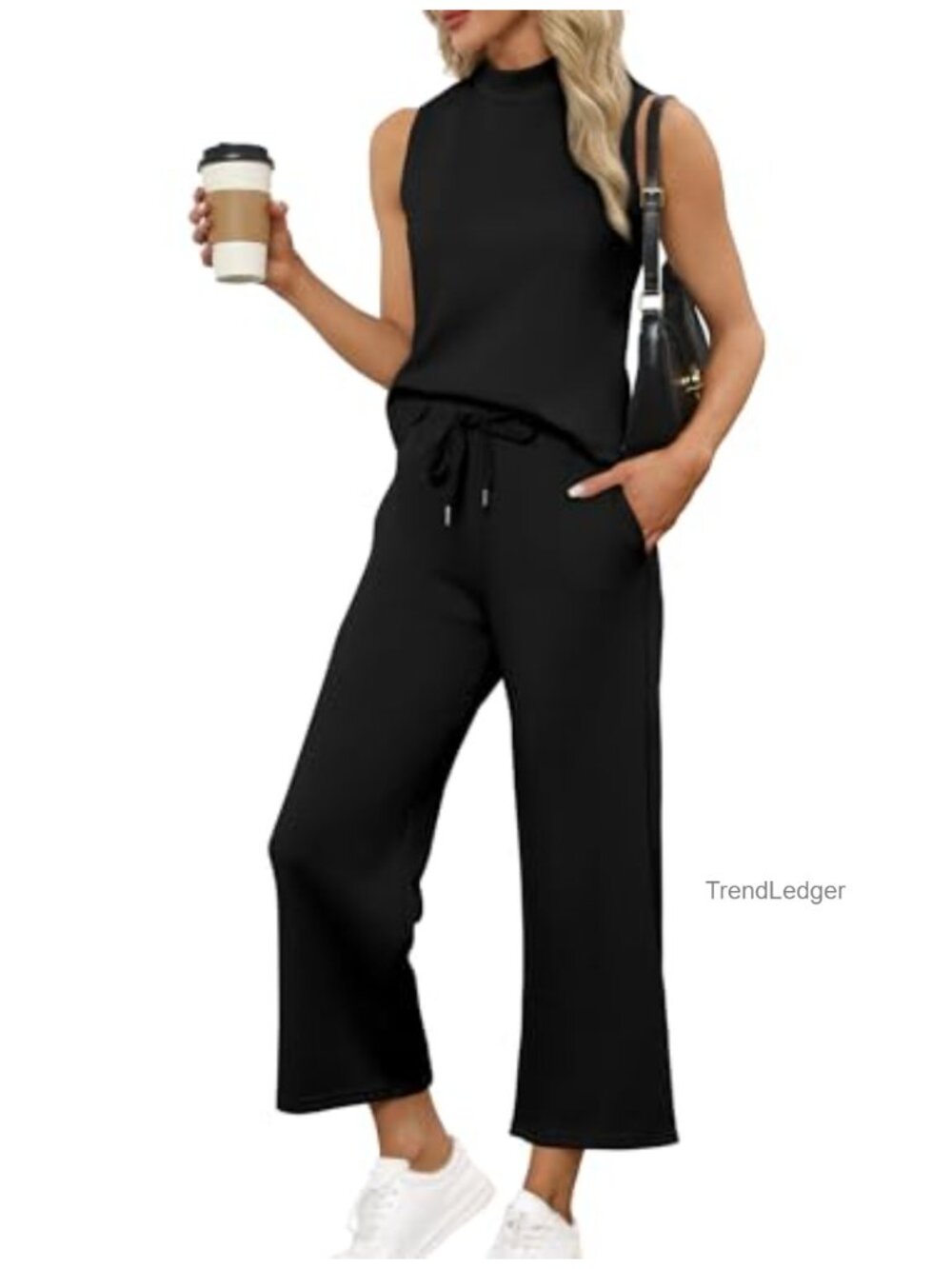 Women's 2-Piece Lounge Set Mock Neck Crop Top & Wide Leg Pants